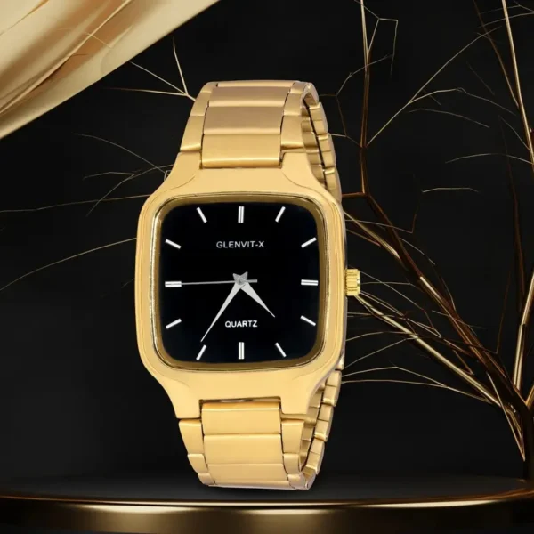 GLENVIT-X DESIGNER SQUARE DIAL QUARTZ Golden Stainless Steel, Minimalist Design Analog Watch  - For Men Fashion