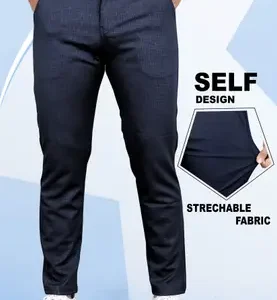 Men Slim Fit Dark Blue Linen Blend Trousers